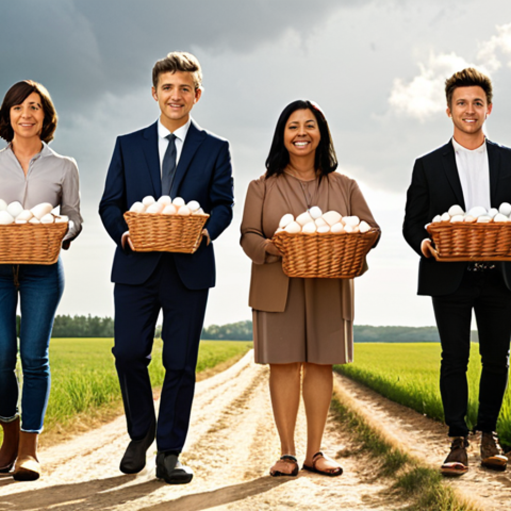 **A diverse group of people of different ages and backgrounds standing on a path labeled "Financial Future," holding baskets with different combinations of eggs (representing various investments like stocks, bonds, real estate). The path forks, with one direction leading to a sunny, abundant field and the other to a stormy, barren landscape.** (This visualizes diversification and the importance of a well-balanced portfolio.)