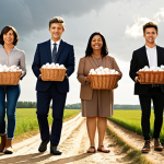 **A diverse group of people of different ages and backgrounds standing on a path labeled "Financial Future," holding baskets with different combinations of eggs (representing various investments like stocks, bonds, real estate). The path forks, with one direction leading to a sunny, abundant field and the other to a stormy, barren landscape.** (This visualizes diversification and the importance of a well-balanced portfolio.)