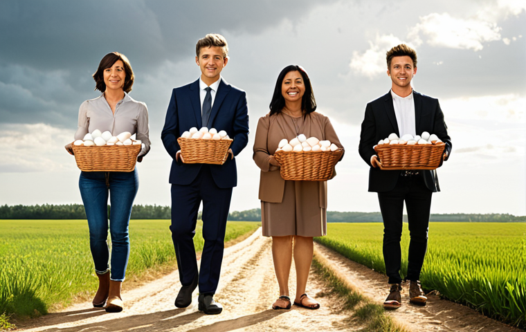 **A diverse group of people of different ages and backgrounds standing on a path labeled "Financial Future," holding baskets with different combinations of eggs (representing various investments like stocks, bonds, real estate). The path forks, with one direction leading to a sunny, abundant field and the other to a stormy, barren landscape.** (This visualizes diversification and the importance of a well-balanced portfolio.)