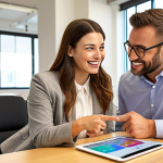 **A financial advisor sitting across a desk from a young couple, pointing to a colorful financial plan on a tablet. The advisor is smiling reassuringly. The couple looks hopeful and engaged. Soft, warm lighting. Modern office setting.** (Focus: Building relationships, explaining financial plans)
