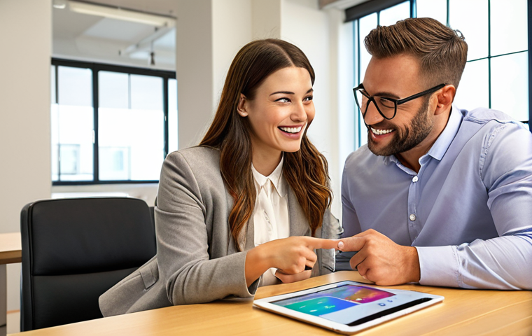 **A financial advisor sitting across a desk from a young couple, pointing to a colorful financial plan on a tablet. The advisor is smiling reassuringly. The couple looks hopeful and engaged. Soft, warm lighting. Modern office setting.** (Focus: Building relationships, explaining financial plans)