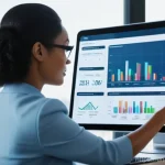 자산관리사로서의 자기계발 전략 - **"A diverse, professional female financial advisor (30s-40s) in a modern, brightly lit office, enga...