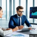 Home 20 자산관리사 필수 금융 지식 - A confident, professional financial advisor sitting at a modern office desk with dual computer scree...