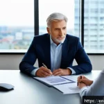Home 19 자산관리사 실무에서 필요한 소프트 스킬 - A professional financial advisor attentively listening to a diverse middle-aged couple in a modern o...
