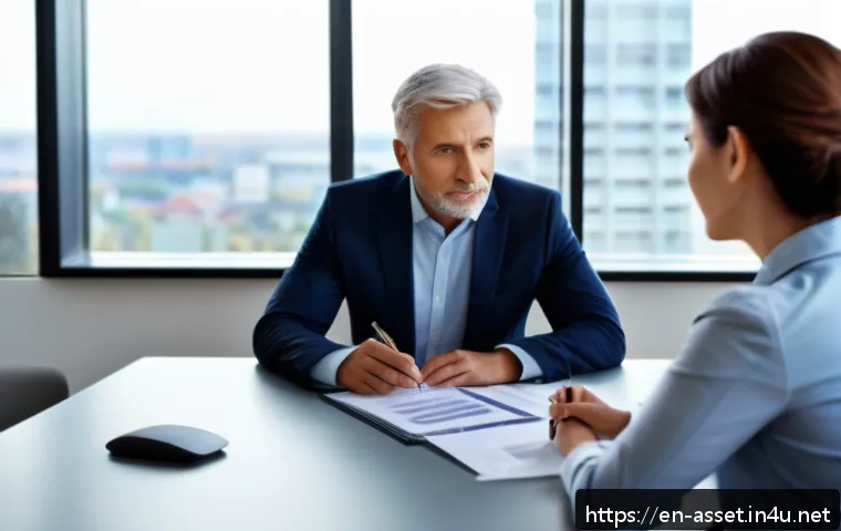 자산관리사 실무에서 필요한 소프트 스킬 - A professional financial advisor attentively listening to a diverse middle-aged couple in a modern o...
