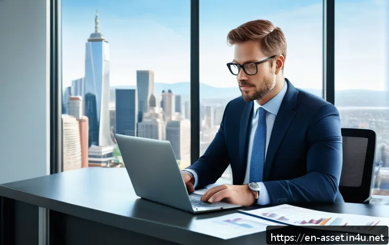 자산관리사와 연금 전문가의 차이 - A professional wealth manager in a modern office setting, wearing business attire and reviewing a co...