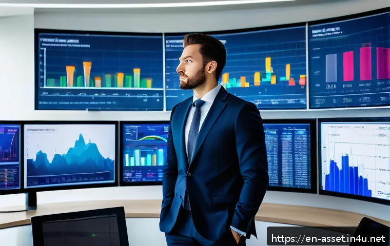자산관리사와 부동산 전문가의 차이 - A professional asset manager in a modern office environment, analyzing multiple large digital screen...